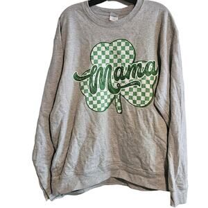Large Grey Mama with checkered clover in green crewneck